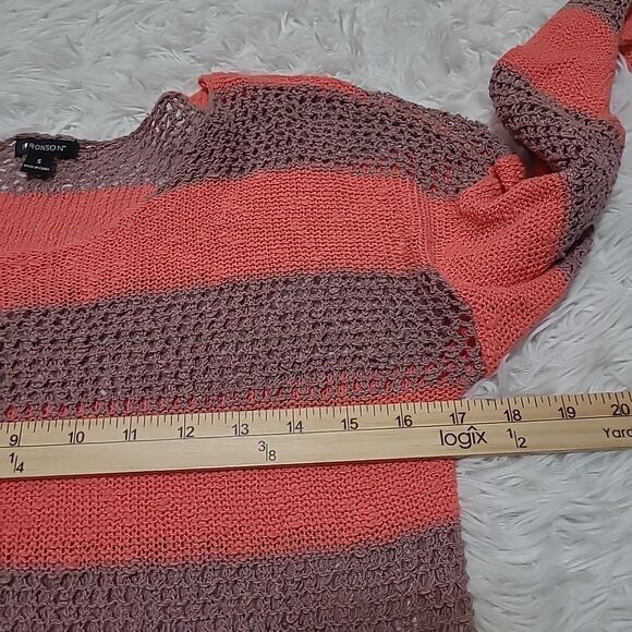 I Love Ronson Open Knit Sweater Womens Size Small Stripe Pink Beige LS - Picture 8 of 9